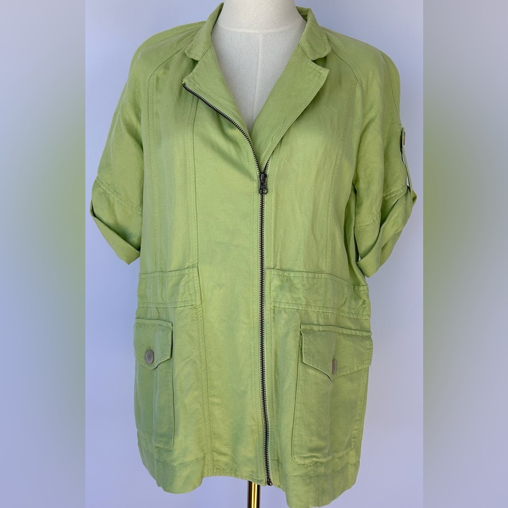 J Jill Women’s Linen‎ Blend Safari/Utility Jacket Adjustable Sleeve Lime Small